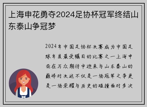 上海申花勇夺2024足协杯冠军终结山东泰山争冠梦